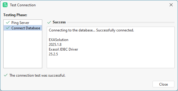connection test successful message